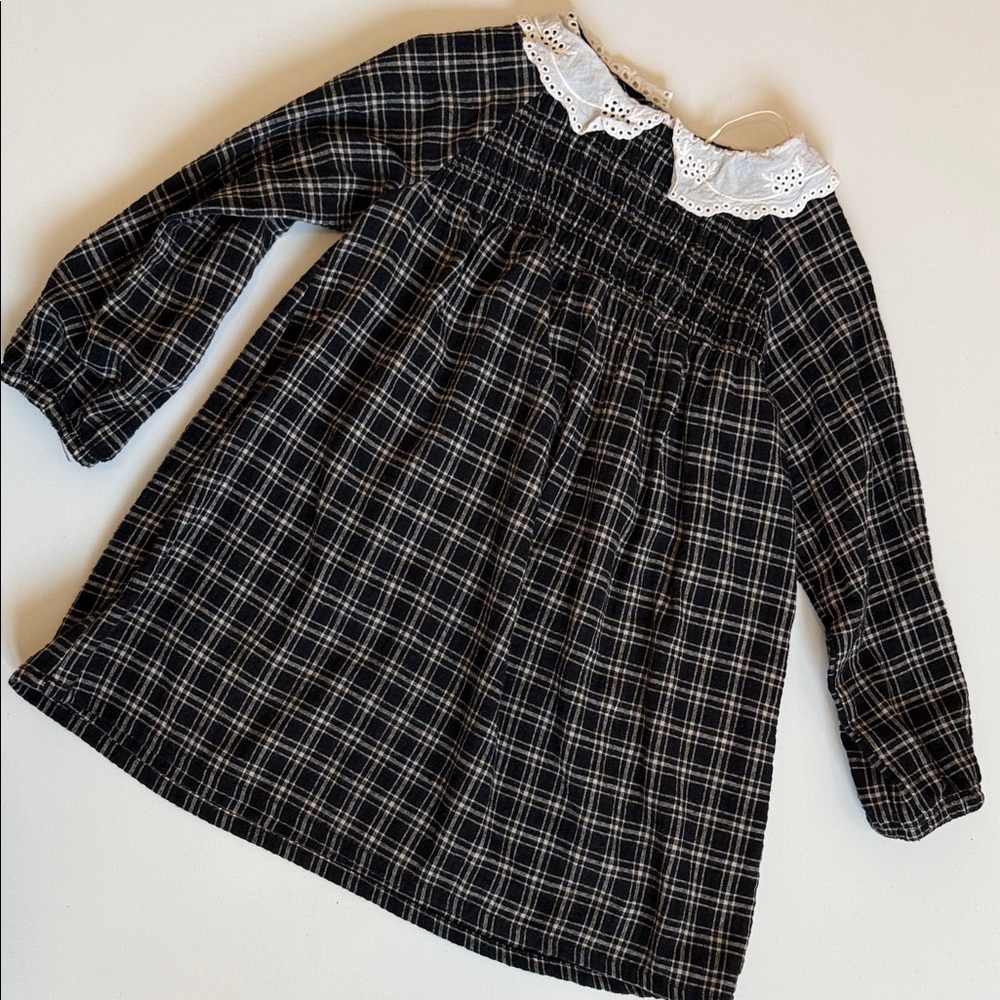 Plaid Long Sleeve Kids Dress with Peterpan lace Collar